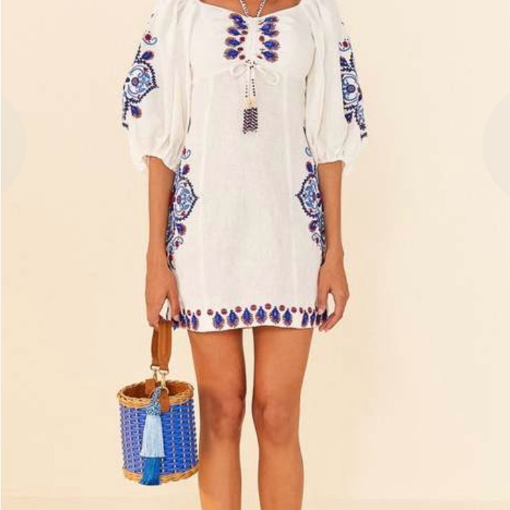 FARM Rio White and Blue Embroidered Dress